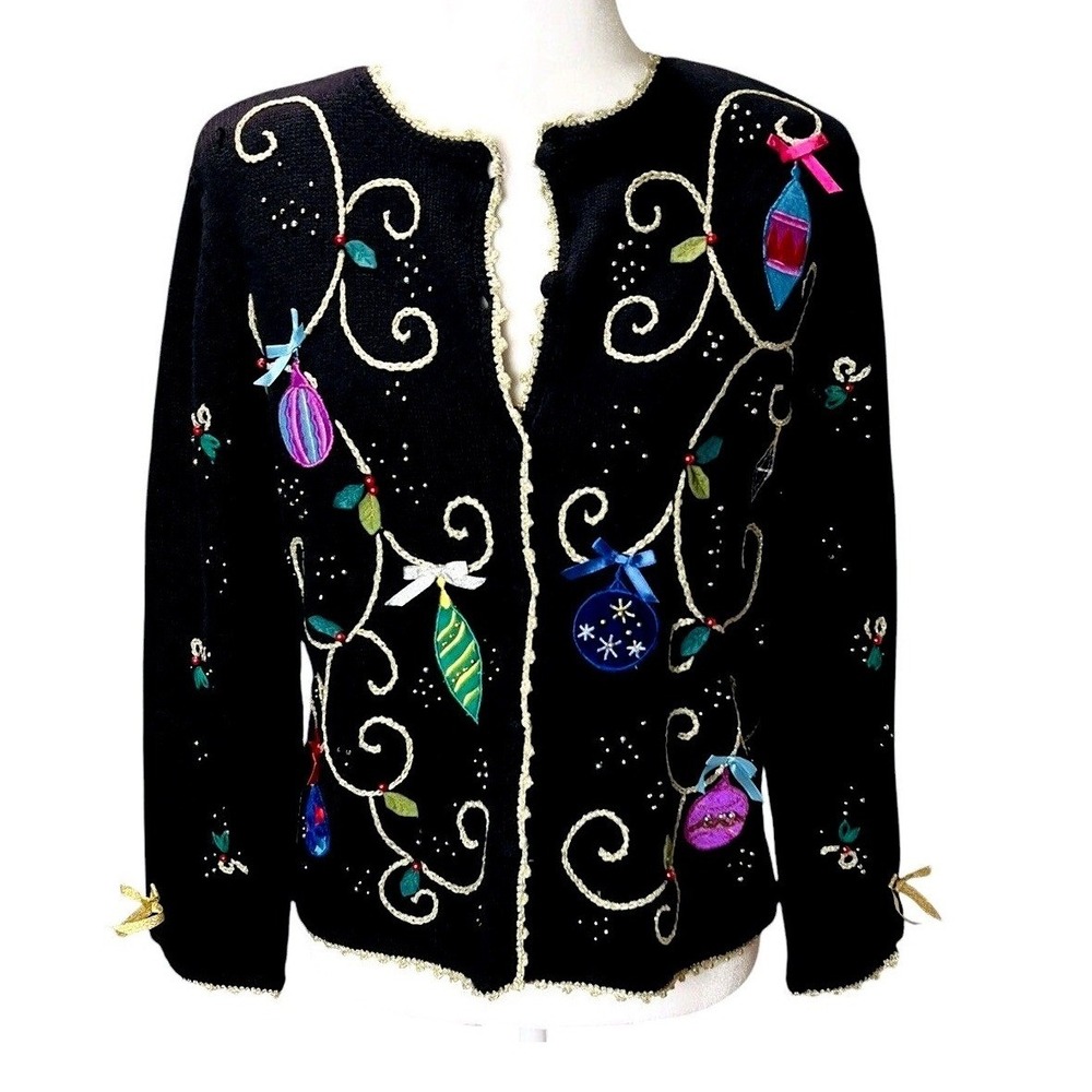 Designers Originals Christmas Cardigan‎ Women PS Black Ornament Ugly Sweater 90s